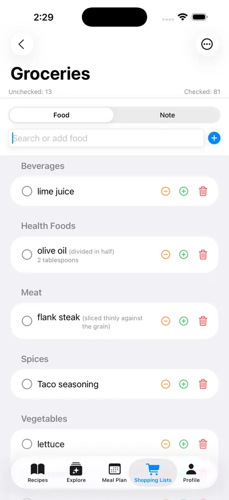 Crumb shopping list screen